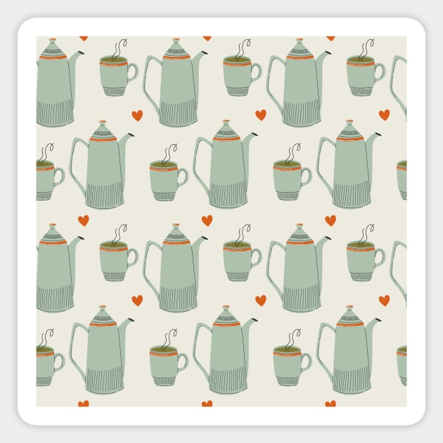 Pattern with ceramic kitchen utensils and hot drink Sticker by DanielK